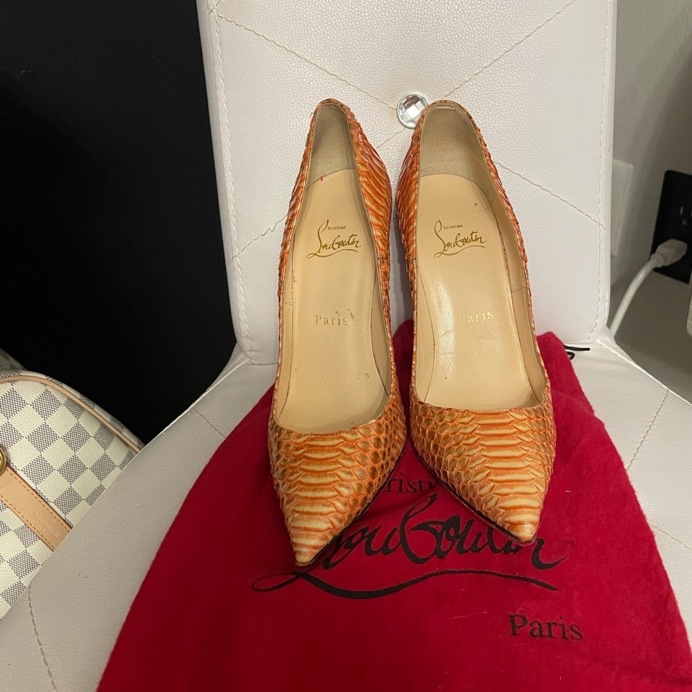 Christian Louboutin So Kate Orange Python Pumps